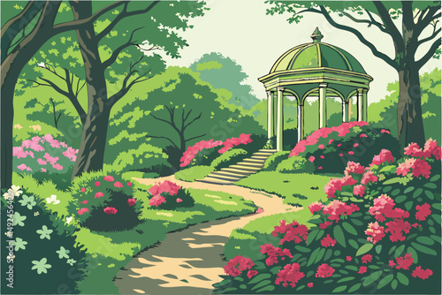 150 vibrant, lush garden, verdant foliage, flourishing blooms, ornate gazebo, winding path, serene, idyllic, detailed, photorealistic, 8k, highly detailed, award-winning photograph