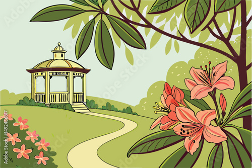 150 vibrant, lush garden, verdant foliage, flourishing blooms, ornate gazebo, winding path, serene, idyllic, detailed, photorealistic, 8k, highly detailed, award-winning photograph