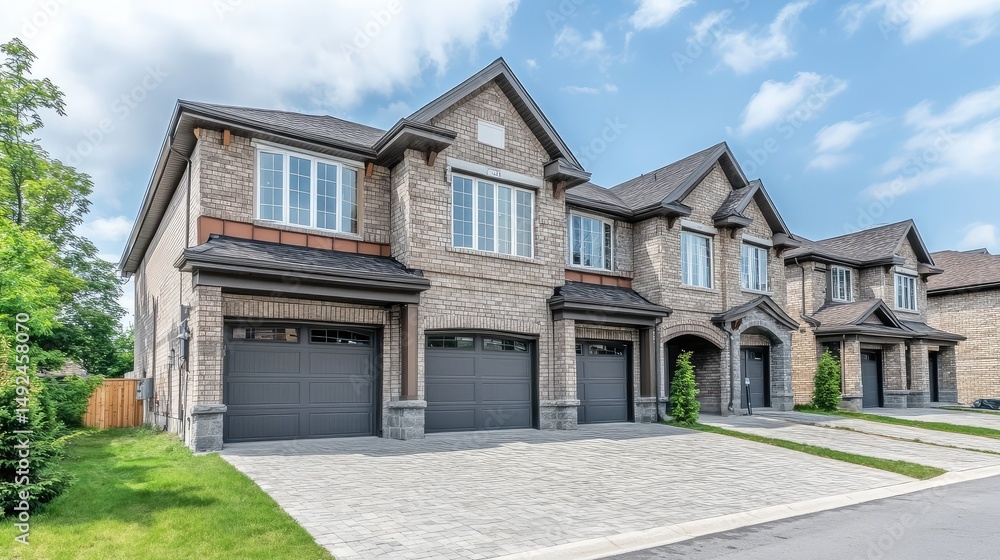 Newly developed street with identical townhomes, each with modern brick architecture Newly developed street with identical townhomes, each with modern brick architecture