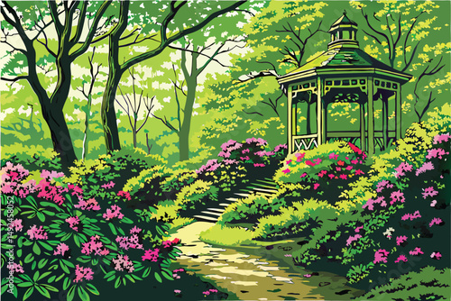 150 vibrant, lush garden, verdant foliage, flourishing blooms, ornate gazebo, winding path, serene, idyllic, detailed, photorealistic, 8k, highly detailed, award-winning photograph