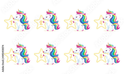 Set of cute and happy unicorn with multi-colored hair and star on white background. Vector illustration in flat cartoon style