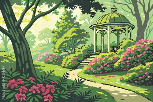 150 vibrant, lush garden, verdant foliage, flourishing blooms, ornate gazebo, winding path, serene, idyllic, detailed, photorealistic, 8k, highly detailed, award-winning photograph