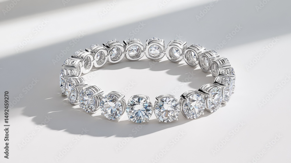 Shimmering diamond bracelet casting gentle shadows on bright white background Shimmering diamond bracelet casting gentle shadows on bright white background