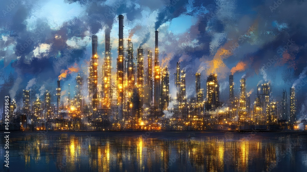 Naklejka premium Smog and steam mix with night sky behind an active factory glowing in metallic tones