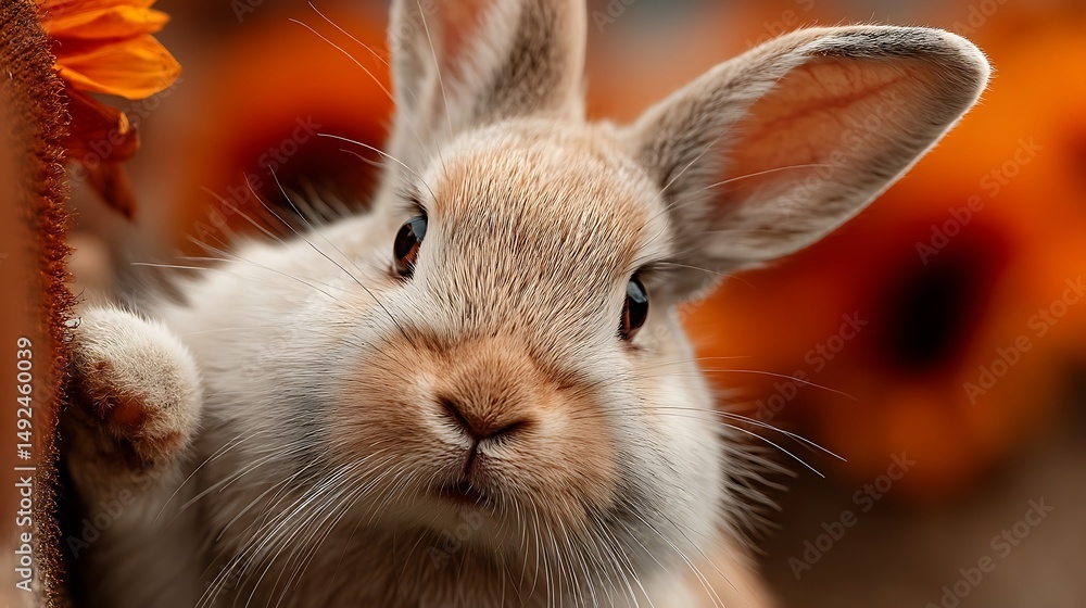 Obraz premium a close up shot presents a furry animal with long ears and a small nose. the animal's paw is visible on the left side of the frame as it grasps onto a textured surface