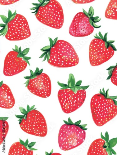Strawberry pattern illustration on white background; watercolor style, vibrant, fresh, organic, healthy, delicious, sweet, juicy, summer fruit