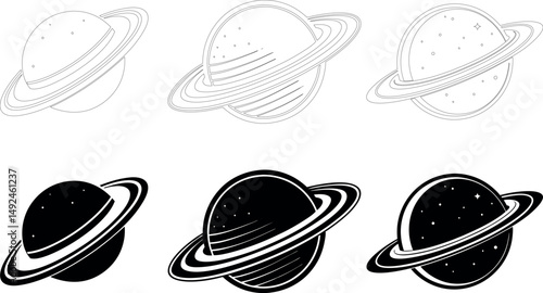 Saturn planet with rings in black and white outline on a white background