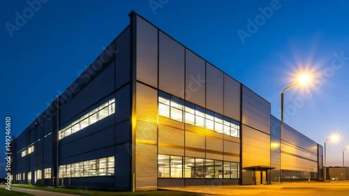Exterior of a modern metal clad distribution warehouse building with illuminated windows at dusk against a blue sky.