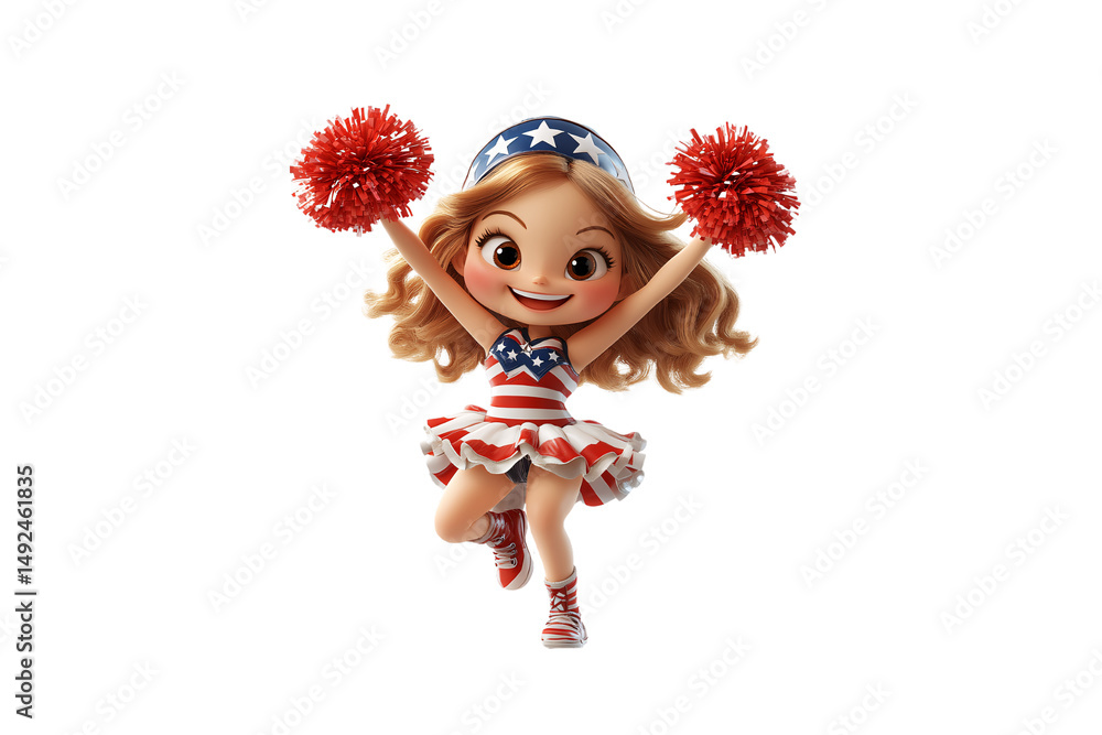 Fototapeta premium Joyful cheerleader girl with wavy hair and confident pose, holding red pom-poms high, isolated on a transparent background