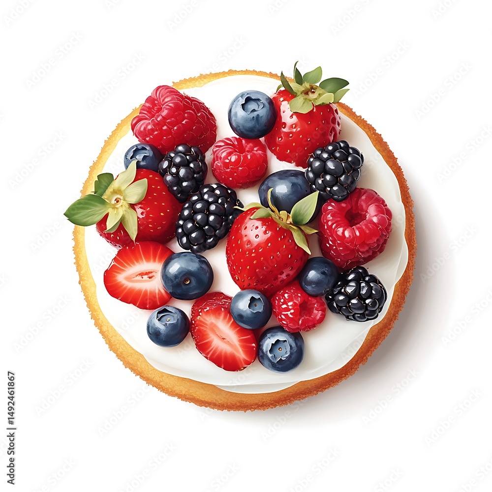 Obraz premium Fresh Cream Cake Topped with an Abundance of Mixed Berries and Fruits on a Bright Background