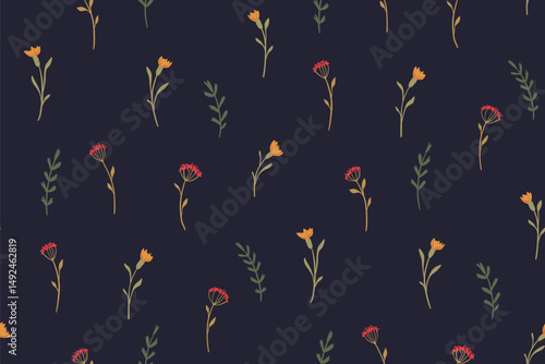 Seamless floral pattern, vintage style ditsy print of mini wildflowers. Elegant botanical design of small hand drawn flowers in abstract composition on dark blue background. Vector illustration.