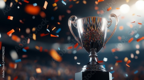 Celebration of success with a shiny trophy surrounded by colorful confetti in a dynamic arena atmosphere