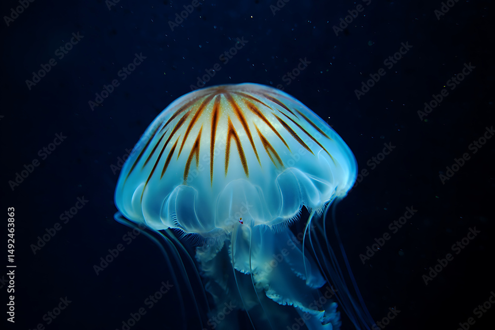 Naklejka premium A jellyfish swimming in the dark ocean