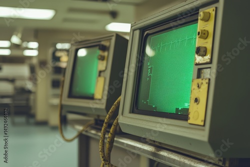 Macro shot of 1970s-80s hospital monitors with green phosphor displays, cracked rubber cables, yellowed control labels, and blurred nurse station background in institutional green and stainless steel 