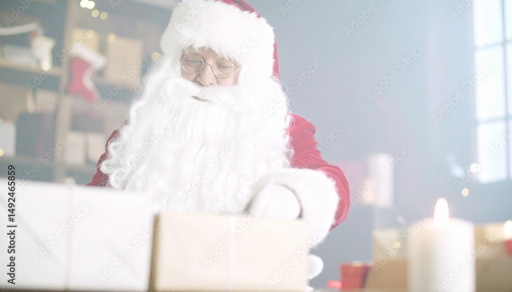 Fototapeta premium Santa smiles while wrapping colorful presents. 