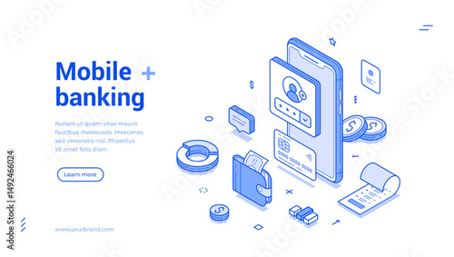 Online banking smartphone application finance budget balance web banner isometric vector illustration. Internet financial bank money transaction mobile phone app digital wallet cashless management