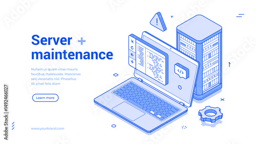 Server maintenance code programming IT development isometric web banner vector illustration. Information technology computer hardware connection database infrastructure network support landing page