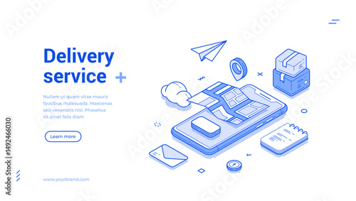 Delivery courier service postal parcel tracking smartphone app isometric web banner vector illustration. Shipment post online shopping cargo transportation mobile application landing page