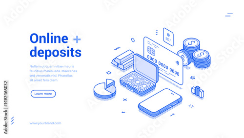 Online deposit financial banking money savings management web banner isometric vector illustration. Budget balance finance bank investment credit debit economy fund cash storage analyzing