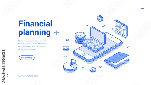 Financial planning money budget balance smartphone application web banner isometric vector illustration. Finance banking accounting bookkeeping earnings expenses management control optimization