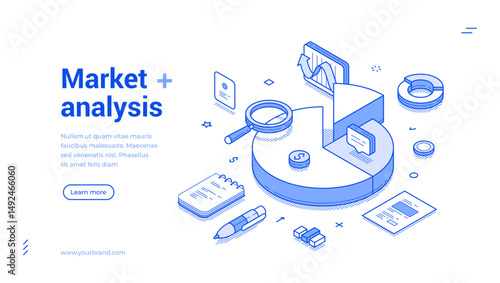 Market analysis commercial financial statistic business chart web banner isometric vector illustration. Economy information analyzing management solution research optimization profit planning
