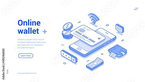 Online wallet banking money financial management mobile app web banner isometric vector illustration. Digital payment ewallet finance transaction card budget balance shopping purchase