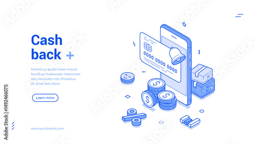 Cash back card payment reward bonus online banking smartphone application web banner isometric vector illustration. Financial refund shopping payment marketing promotion sale discount bank offer
