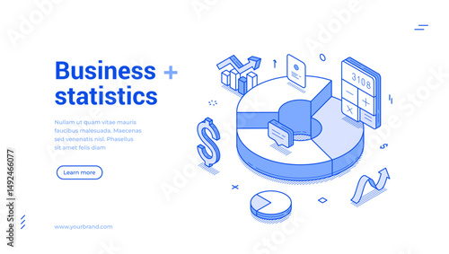 Business financial statistic money control analyzing web banner isometric vector illustration. Finance bank profit wealth earnings expenses budget balance analysis commercial investment management