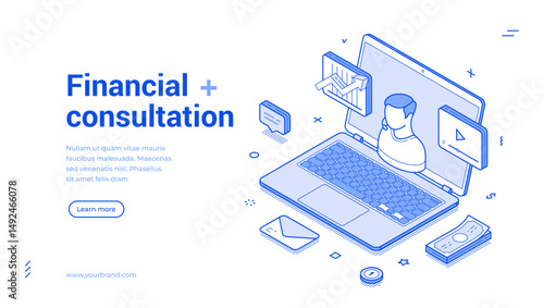 Financial consultation online adviser remotely business meeting web banner isometric vector illustration. Finance accounting analytics expert help income investment planning analyzing consulting