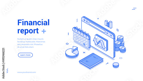 Financial report business money budget analyzing web banner isometric vector illustration. Commercial economic investment planning optimization profit statistic analysis marketing monitoring