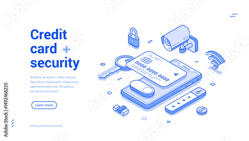 Credit debit banking card payment security smartphone application web banner isometric vector illustration. Financial money transaction protection privacy secure finance bank technology mobile app