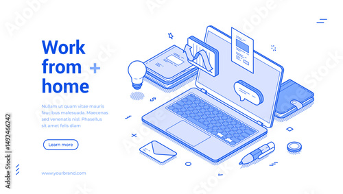 Work from home remotely office internet laptop web banner isometric vector illustration. Freelance distance working cyberspace online digital technology global brainstorming workplace