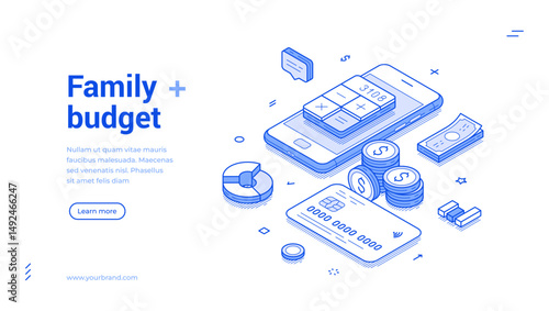 Family budget accounting bookkeeping calculation web banner isometric vector illustration. Financial balance planning analyzing savings expenses earnings control money management mobile app