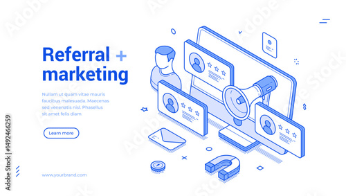Referral marketing network business partnership program strategy web banner isometric vector illustration. Social affiliate communication technology loyalty product promotion recommend advertising