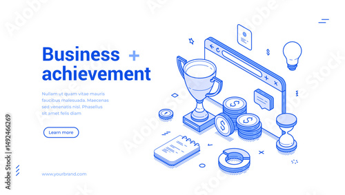 Business achievement financial success profit wealth web banner isometric vector illustration. Work productivity and efficiency optimization prize reward teamwork loyalty triumph trophy landing page