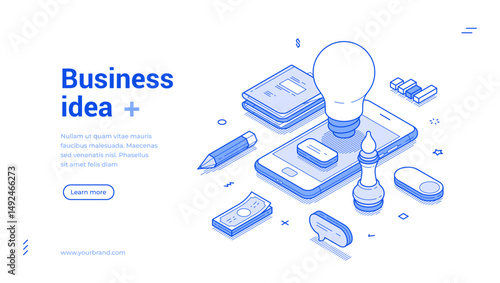 Business idea innovation brainstorming smartphone application web banner isometric vector illustration. Creative inspiration solution development marketing invention startup mobile phone app