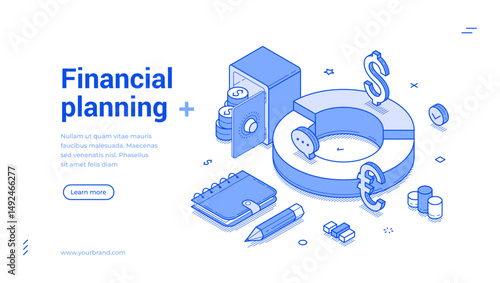 Financial planning budget balance calculating accounting web banner isometric vector illustration. Finance banking economy savings income expenses earnings bookkeeping money management optimization