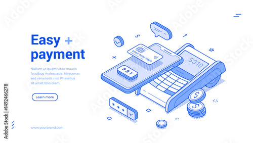 Easy payment online banking financial smartphone app POS terminal web banner isometric vector illustration. Digital paying finance transaction shopping commercial retail purchase buying goods
