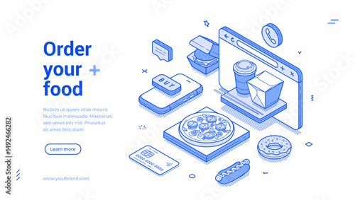 Food order delivery restaurant online browser page web banner isometric vector illustration. Cafe eatery meal dish courier shipping service paying banking shopping smartphone application