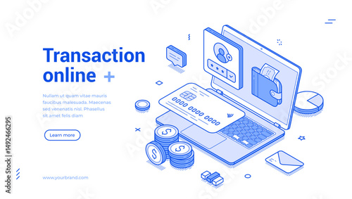 Banking financial transaction online shopping payment laptop web banner isometric vector illustration. Bank finance personal account currency e money transfer paying cyberspace digital technology