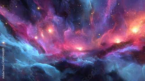 Wallpaper Mural Colorful cosmic illustration featuring vibrant nebulae, twinkling stars, and swirling clouds of gas, creating a magical view of the universe's beauty and mystery. Torontodigital.ca