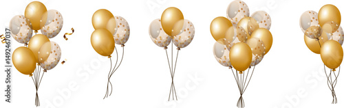 Realistic three-dimensional golden and clear balloons bouquet, bunch with confetti set.