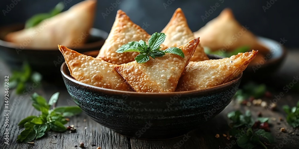 Fototapeta premium Delicious Crispy Samosas Served with Spicy Dipping Sauce Indian Food Cuisine