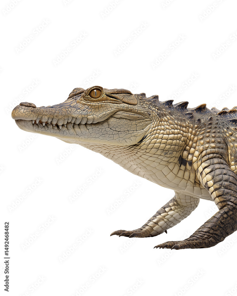 Naklejka premium Majestic Alligator in Profile: A detailed, high-resolution photo captures the textured skin and intense gaze of a solitary alligator, exuding a sense of primal power and untamed wilderness.