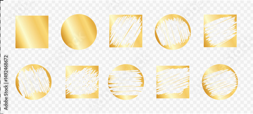 Scratch card lottery on golden shapes - scuffed frayed uneven edge geometric cutouts on transparent bg. Dry brush streaky ragged square star. Sketchy monochrome aged fuzzy smeared symbols.