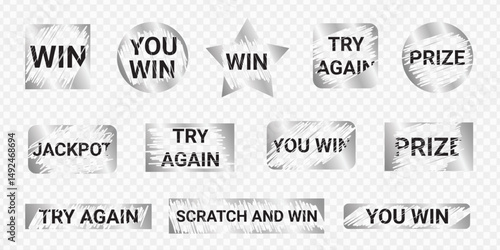 Lottery ticket text design kit - scratched numbers words silver foil decor. Jackpot luck slogans distressed ink splatter. Shiny metallic peeling paint vector shapes.