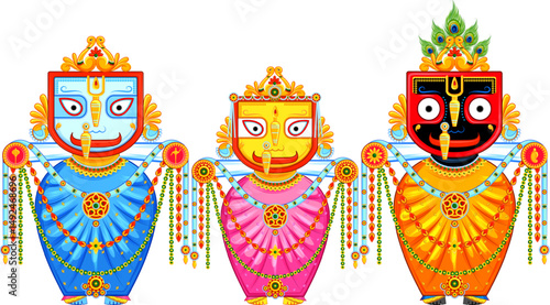 illustration of Lord Jagannath, Balabhadra and Subhadra on annual Rathayatra in Odisha festival background