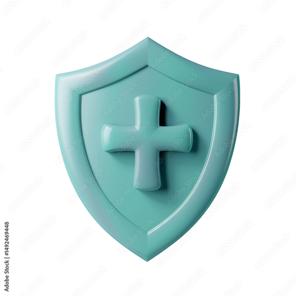 Fototapeta premium Teal medical shield with a cross symbolizing health protection and care