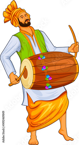 illustration of Sikh Punjabi Sardar playing dhol and dancing bhangra on holiday like Lohri or Vaisakhi