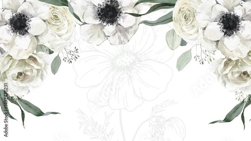 Floral Frame of Peach and Cream Roses: A romantic arrangement of peach and cream roses creates a beautiful frame. Delicate pastel roses and leaves border a frame on a white background. 